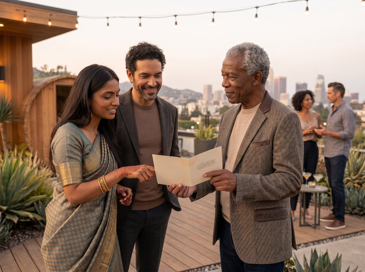 Three adults reading a personal card together on an outdoor patio