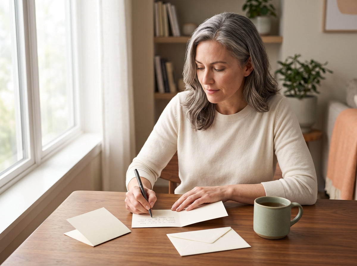 Woman writing a personal card at a table beside a cup of tea